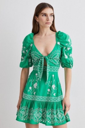 KAREN MILLEN Floral & Geo Embroidered Woven Mini Dress Green / puff sleeve cut out dresses / front and back tie detail clothing - flipped