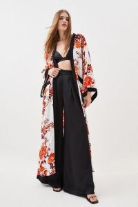 KAREN MILLEN Floral Bordered Woven Maxi Kimono / longline printed kimonos / long length open front wide sleeve robes