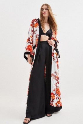 KAREN MILLEN Floral Bordered Woven Maxi Kimono / longline printed kimonos / long length open front wide sleeve robes - flipped