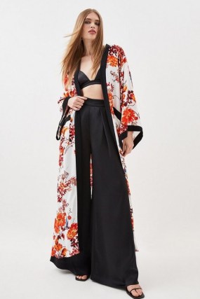 KAREN MILLEN Floral Bordered Woven Maxi Kimono / longline printed kimonos / long length open front wide sleeve robes