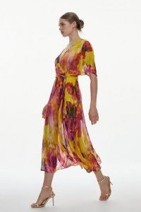 KAREN MILLEN Floral Sparkle Iridescent Wrap Midi Dress ~ floaty metallic thread dresses ~ women’s flowing occasion clothes