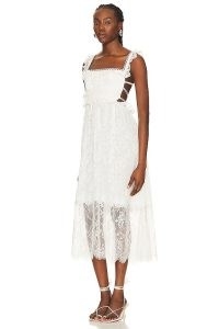 For Love & Lemons Deane Midi Dress in White – sleeveless semi sheer strappy back dresses