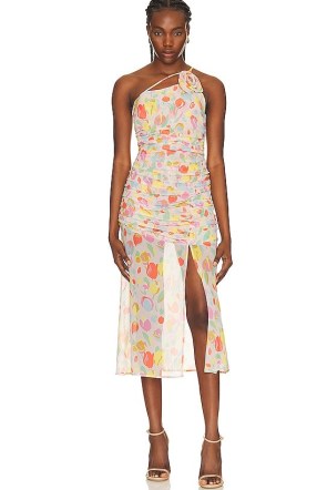 For Love & Lemons Desmona Midi Dress in Multi Tulip Bouquet Print – floral semi sheer one shoulder dresses – floaty asymmetric evening fashion – ruched party dresses - flipped
