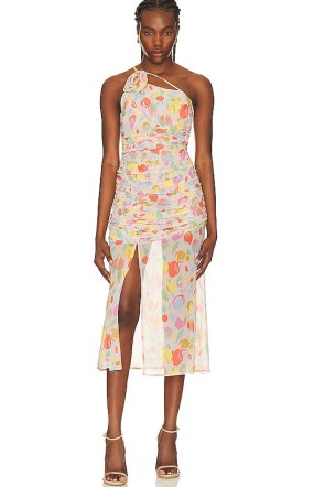 For Love & Lemons Desmona Midi Dress in Multi Tulip Bouquet Print – floral semi sheer one shoulder dresses – floaty asymmetric evening fashion – ruched party dresses