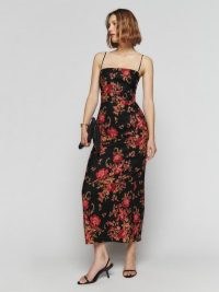 Reformation Frankie Linen Dress in Admire / strappy floral slim fit dresses / skinny shoulder strap occasion clothes / ankle length / summer wedding guest outfits