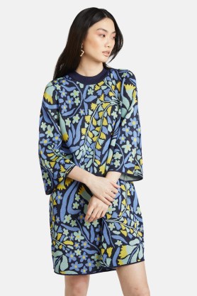 gorman Freshly Cut Lurex Dress / tonal blue floral knit dresses with metallic thread - flipped