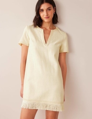 Boden Fringe Hem Mini Shift Dress Ivory – women’s short sleeve dresses with fringed hemline – womens cotton summer clothing - flipped
