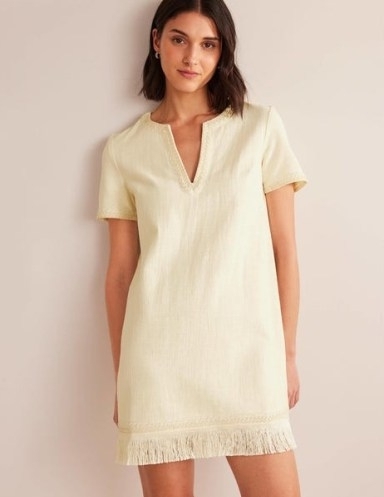 Boden Fringe Hem Mini Shift Dress Ivory – women’s short sleeve dresses with fringed hemline – womens cotton summer clothing