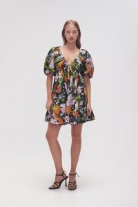 Aje Gabrielle Plunge Mini Dress in Midnight Floral ~ puff sleeve plunging neckline dresses ~ feminine occasion clothes ~ romantic party fashion ~ romance inspired clothing
