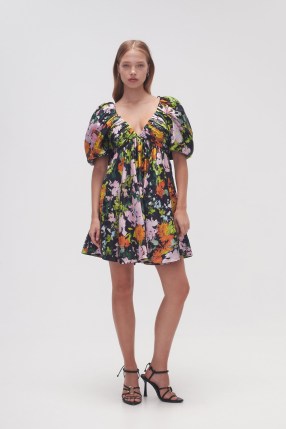 Aje Gabrielle Plunge Mini Dress in Midnight Floral ~ puff sleeve plunging neckline dresses ~ feminine occasion clothes ~ romantic party fashion ~ romance inspired clothing - flipped
