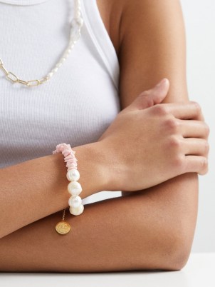 BY ALONA Daphne shell, pearl & 18kt gold-plated bracelet – pink and white summer bracelets – luxe jewellery - flipped