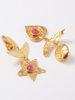 SYLVIA TOLEDANO Sol Y Luna jasper-embellished earrings ~ pink stone stement jewellery ~ mismatched textured drops ~ gold brass clip earrings