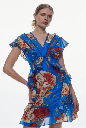 KAREN MILLEN Graphic Lace Trim Floral Woven Mini Dress / blue flutter sleeve tiered hem dresses / feminine ruffle trim fashion - flipped