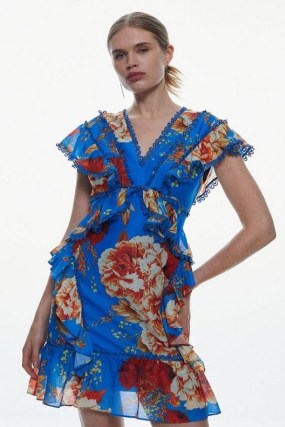 KAREN MILLEN Graphic Lace Trim Floral Woven Mini Dress / blue flutter sleeve tiered hem dresses / feminine ruffle trim fashion