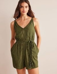 BODEN Grecian Playsuit Capulet Olive ~ women’s green sleeveless metallic fibre playsuits ~ casual summer clothing