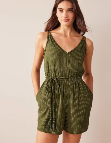 BODEN Grecian Playsuit Capulet Olive ~ women’s green sleeveless metallic fibre playsuits ~ casual summer clothing - flipped