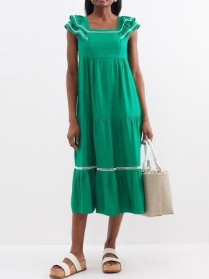 CEFINN Green Bella square-neckline linen-blend dress ~ women’s tiered summer dresses ~ flutter sleeve clothing ~ ruffled detail clothes