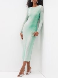 SELF-PORTRAIT Green Crystal-embellished gradient-mesh midi dress ~ shimmering long sleeve occasion dresses ~ glittering evening clothes ~ glamorous party fashion