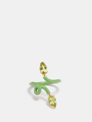 BEA BONGIASCA Green Double Vine Tendril peridot & 9kt gold ring – women’s swirl shaped rings – contemporary luxe jewellery - flipped