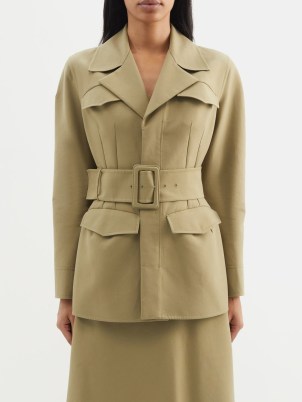 ANOTHER TOMORROW Green Flap-pocket belted organic-cotton jacket ~ women’s olive safari jackets ~ womens utility style clothes ~ pocket details - flipped
