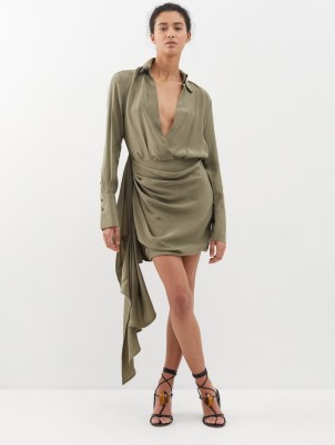GAUGE81 Green Gravia V-neck silk shirt dress ~ women’s silky collared dresses ~ khaki coloured plung front fashion ~ drape detail evening clothes ~ womens draped occasion clothing ~ deep plunging neckline