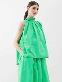 ROKSANDA Green Myla gathered-neck organic-cotton top ~ sleeveless high ruffle neck voluminous tops