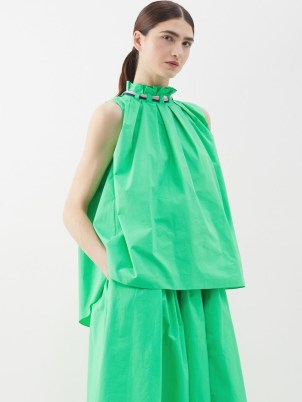 ROKSANDA Green Myla gathered-neck organic-cotton top ~ sleeveless high ruffle neck voluminous tops