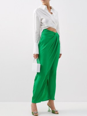 GAUGE81 Green Paita high-rise silk wrap maxi skirt – chic crepe occasion skirts – elegant silky fluid clothing – sophisticated event clothes
