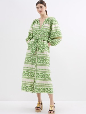 JOHANNA ORTIZ Green Rimara embroidered cotton-voile midi dress – balloon sleeve tie waist dresses – women’s responsibly sourced cotton clothing - flipped