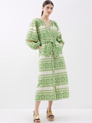 JOHANNA ORTIZ Green Rimara embroidered cotton-voile midi dress – balloon sleeve tie waist dresses – women’s responsibly sourced cotton clothing