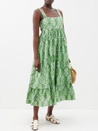 JULIET DUNN Square-neck block-print cotton midi dress in green floral – women’s tiered shoulder strap sundress – womens printed sundresses – sleeveless tie back summer dresses – feminine holiday clothing – floaty vacation clothes