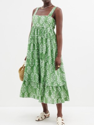 JULIET DUNN Square-neck block-print cotton midi dress in green floral – women’s tiered shoulder strap sundress – womens printed sundresses – sleeveless tie back summer dresses – feminine holiday clothing – floaty vacation clothes - flipped