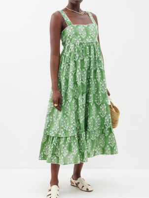 JULIET DUNN Square-neck block-print cotton midi dress in green floral – women’s tiered shoulder strap sundress – womens printed sundresses – sleeveless tie back summer dresses – feminine holiday clothing – floaty vacation clothes