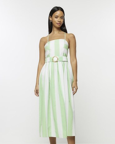 RIVER ISLAND GREEN STRIPED BELTED SWING MIDI DRESS ~ women’s cotton strappy back sundresses ~ skinny strap sundress ~ womens summer dresses - flipped