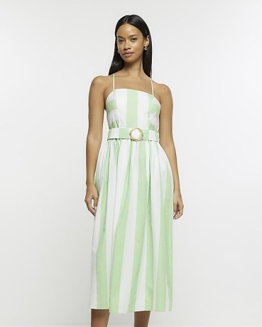 RIVER ISLAND GREEN STRIPED BELTED SWING MIDI DRESS ~ women’s cotton strappy back sundresses ~ skinny strap sundress ~ womens summer dresses