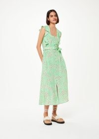 WHISTLES SOPHIE DAISY MEADOW MIDI DRESS in Green / Multi ~ ruffled mint coloured flutter sleeve summer dresses ~ ruffle trim fashion ~ women’s floral print clothes