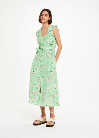 WHISTLES SOPHIE DAISY MEADOW MIDI DRESS in Green / Multi ~ ruffled mint coloured flutter sleeve summer dresses ~ ruffle trim fashion ~ women’s floral print clothes - flipped