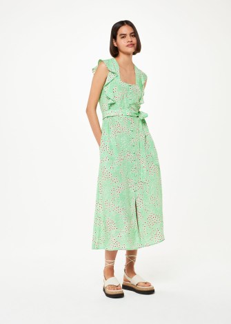 WHISTLES SOPHIE DAISY MEADOW MIDI DRESS in Green / Multi ~ ruffled mint coloured flutter sleeve summer dresses ~ ruffle trim fashion ~ women’s floral print clothes