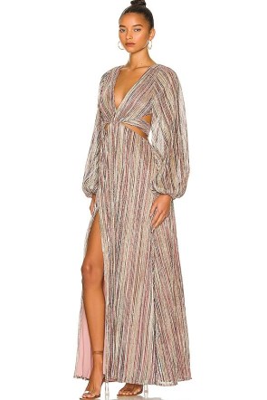 House of Harlow 1960 x REVOLVE Jerri Maxi Dress in Metallic Multi – luxe balloon sleeve plunge front cut out dresses – open back evening clothes – luxury occasion fashion – high slit hem - flipped