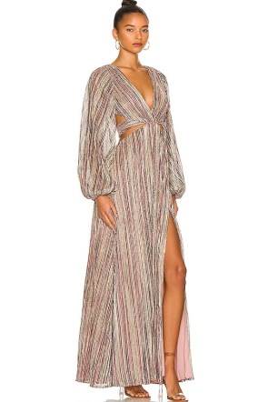 House of Harlow 1960 x REVOLVE Jerri Maxi Dress in Metallic Multi – luxe balloon sleeve plunge front cut out dresses – open back evening clothes – luxury occasion fashion – high slit hem