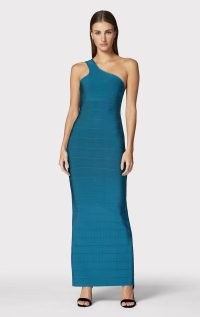 HERVE LEGER ICON ONE SHOULDER GOWN TIDAL WAVE – women’s blue maxi bandage dresses – bodycon gowns – women’s fitted occasion clothes