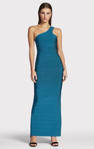 HERVE LEGER ICON ONE SHOULDER GOWN TIDAL WAVE – women’s blue maxi bandage dresses – bodycon gowns – women’s fitted occasion clothes - flipped