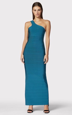 HERVE LEGER ICON ONE SHOULDER GOWN TIDAL WAVE – women’s blue maxi bandage dresses – bodycon gowns – women’s fitted occasion clothes