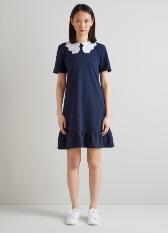 L.K. BENNETT Imogen Navy Jersey Broderie Collar T-Shirt Dress – women’s blue short sleeve tiered hem dresses – womens summer clothes - flipped