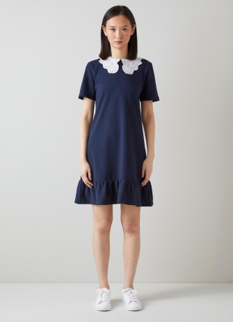 L.K. BENNETT Imogen Navy Jersey Broderie Collar T-Shirt Dress – women’s blue short sleeve tiered hem dresses – womens summer clothes