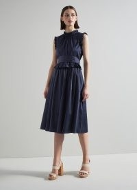 L.K. BENNETT Issy Navy Stretch Cotton Dress – dark blue ruffle trimmed dresses – feminine summer clothing – women’s luxury clothes