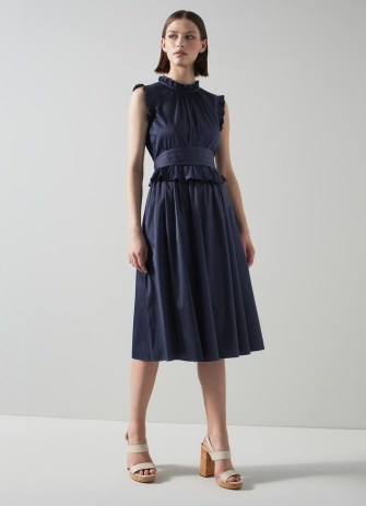 L.K. BENNETT Issy Navy Stretch Cotton Dress – dark blue ruffle trimmed dresses – feminine summer clothing – women’s luxury clothes - flipped