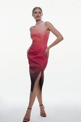 KAREN MILLEN Italian Signature Stretch Ombre One Shoulder Midi Dress – pink asymmertric occasion dresses