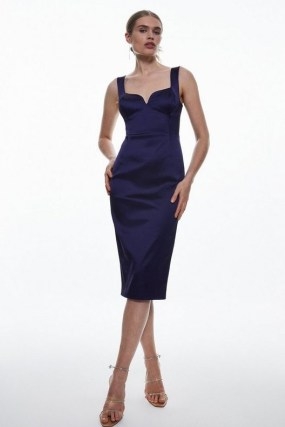 KAREN MILLEN Italian Structured Satin Corset Back Detail Midi Pencil Dress in Navy / silky dark blue sleeveless bodycon / smooth fabric / fitted bodice event fashion / sweetheart neckline / evening glamour - flipped