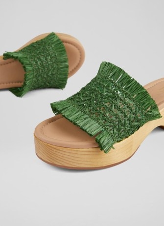 L.K. BENNETT Janae Green Raffia Wooden Flatforms ~ fringed platform mule sandals ~ summer mules - flipped